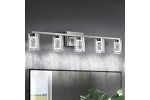 Stambord Bathroom Light Fixtures, 5 Light Brushed Nickel Bathroom Vanity Light Over Mirror, 3 Color LED Vanity Lights with Crystal Bubble Glass, Dimmable Wall Sconce Lighting for Bathroom，Living Room