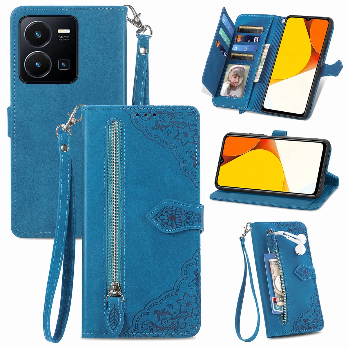 MOJIA Flip Case Compatible with Vivo Y35, PU Leather Zipper Wallet Case Flip Phone Cover with TPU Shell, Card Holder Multifunctional Case. Blue — image 1