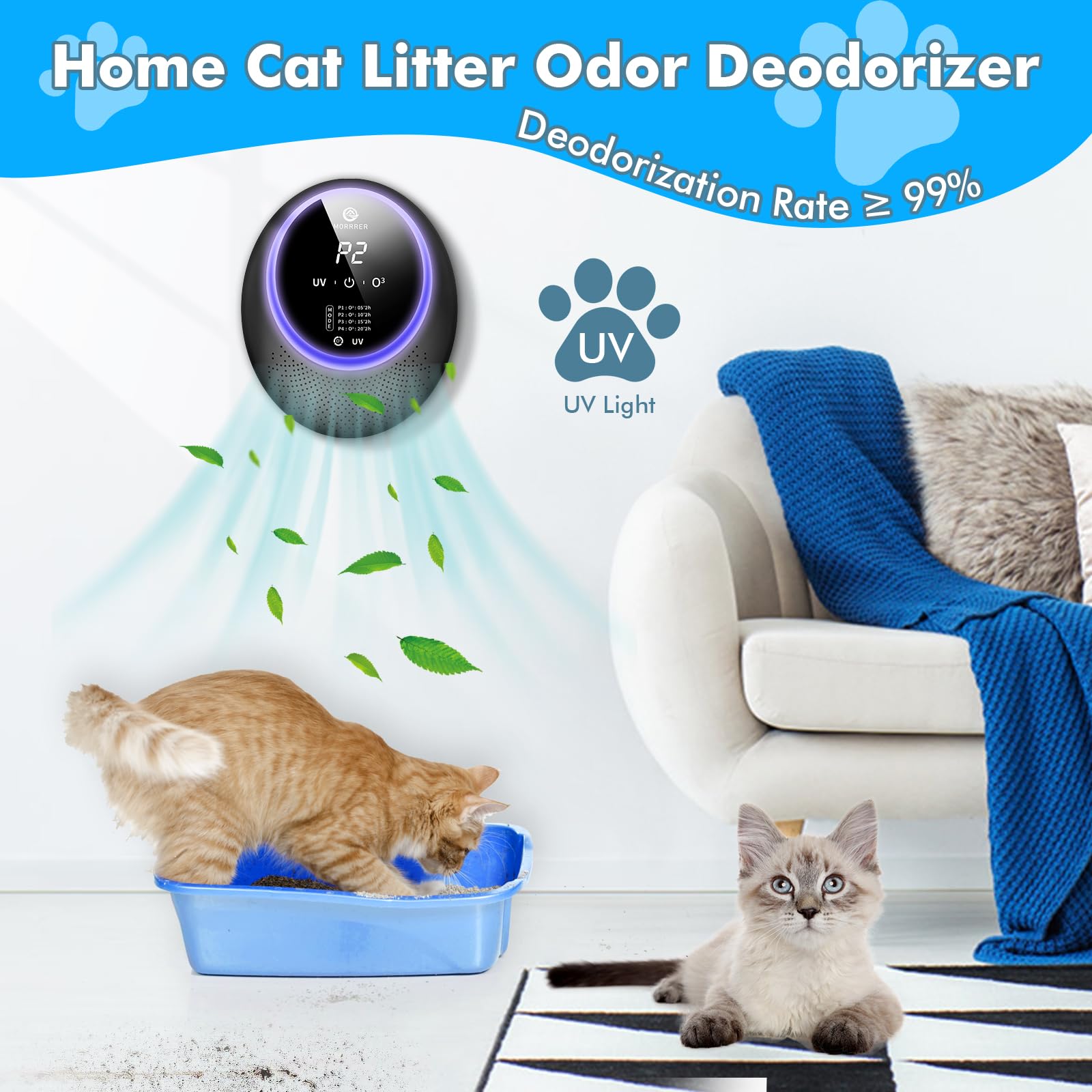 Advanced Cat Deodorizer for Litter Box, 99% Pets Odor Eliminator with 10000mAh Battery, Portable & Rechargeable Purifiers Deodorizer for Pets Litter Box Room Wardrobe Shoe Cabinet Toilet