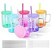 AGH 6 Pack Gradient Colorful Glass Sublimation Cups with Lid and Straw, 16oz Glass Tumblers with Handle
