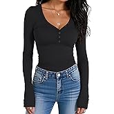 Prettywear Women Long Sleeve Henley Shirts V Neck Button Tight Slim Fitted Top Going Out Tees 2025 Trendy Spring Fall