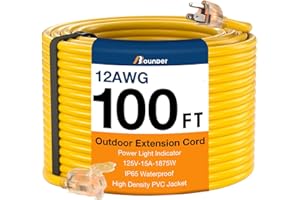 BBOUNDER Outdoor Extension Cord 100 FT Waterproof, 12/3 SJTW Heavy Duty 15A 1875W, Flexible 100% Copper 3 Prong Cords for Commercial Use and High Power Appliance, Yellow