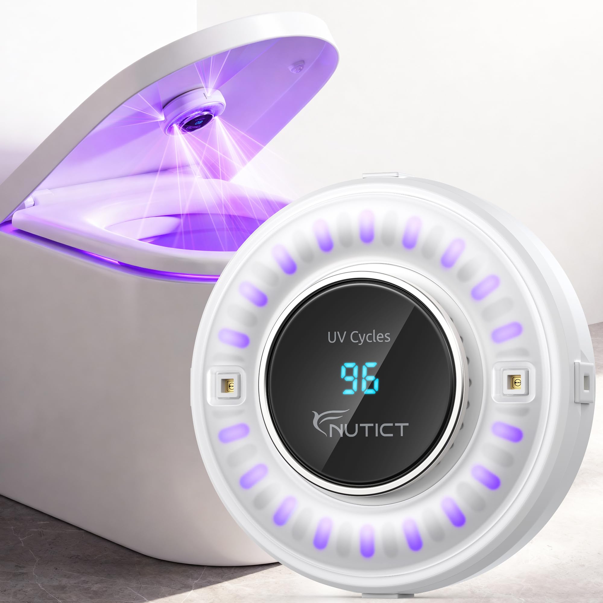 NUTICT Toilet UVC Light for Shared Bathroom, 6 UV-C LEDs, Auto Cleaning in 3 Minutes, 2000mAh Rechargeable Battery, Easy to Use Toilet Lid UV Light for Home Hotel Guest Room Bathroom, White