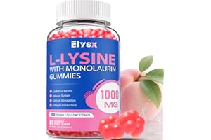 ELYSX L-Lysine Gummies 1000mg, Sugar-Free Chewable Lysine with Monolaurin Supplement for Adults & Kids, Lips & Oral Health, Immune & Overall Health, Natural Peach Flavor, 60 Count