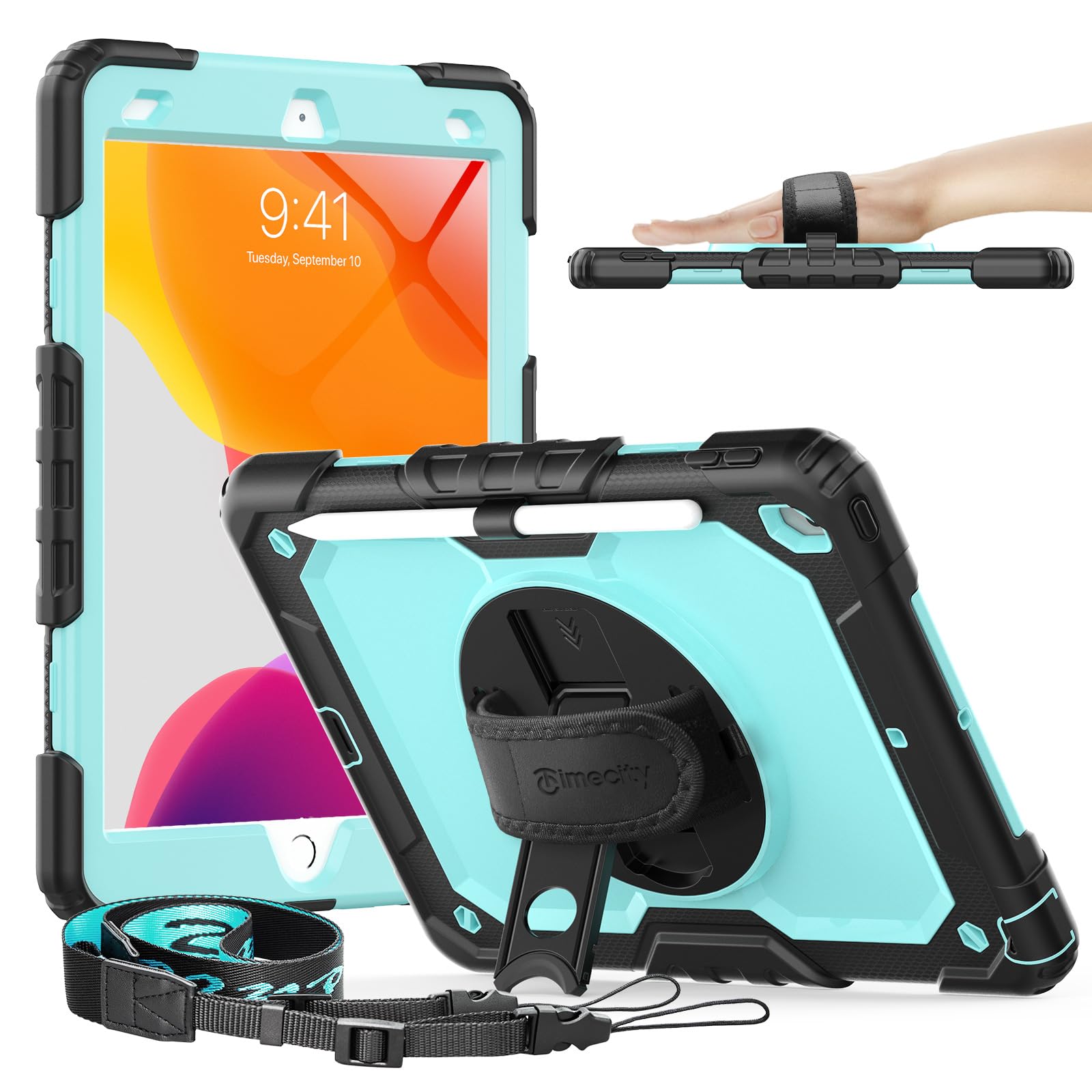Timecity Case for iPad 9th/ 8th/ 7th Generation 10.2 inch - Heavy Duty Protective Cover with Screen Protector, Rotating Stand, Shoulder Strap & Pencil Holder | Kids-Friendly, Light Blue