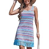 CUPSHE Women Fringe Trim Summer Dress Scoop Neck Sleeveless Multicolor Stripe Casual Sundress Beach Holiday Mini Dress