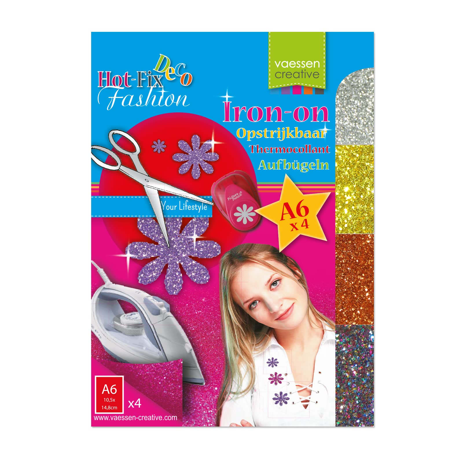 Vaessen Creative Hot-Fix Glitter Transfer 14,8x10,5cm x4 Sheets, Multi-Colour, 14.8x10.5x0.1 cm
