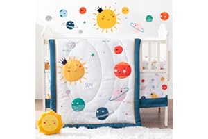 Bertte 4 Piece Crib Bedding Set for Boys Girls, Nursery Bedding Standard Size Soft Baby Bedding Crib Set Including Cartoon Quilt, Crib Skirt, Fitted Crib Sheet and Plush Toy (Planet)