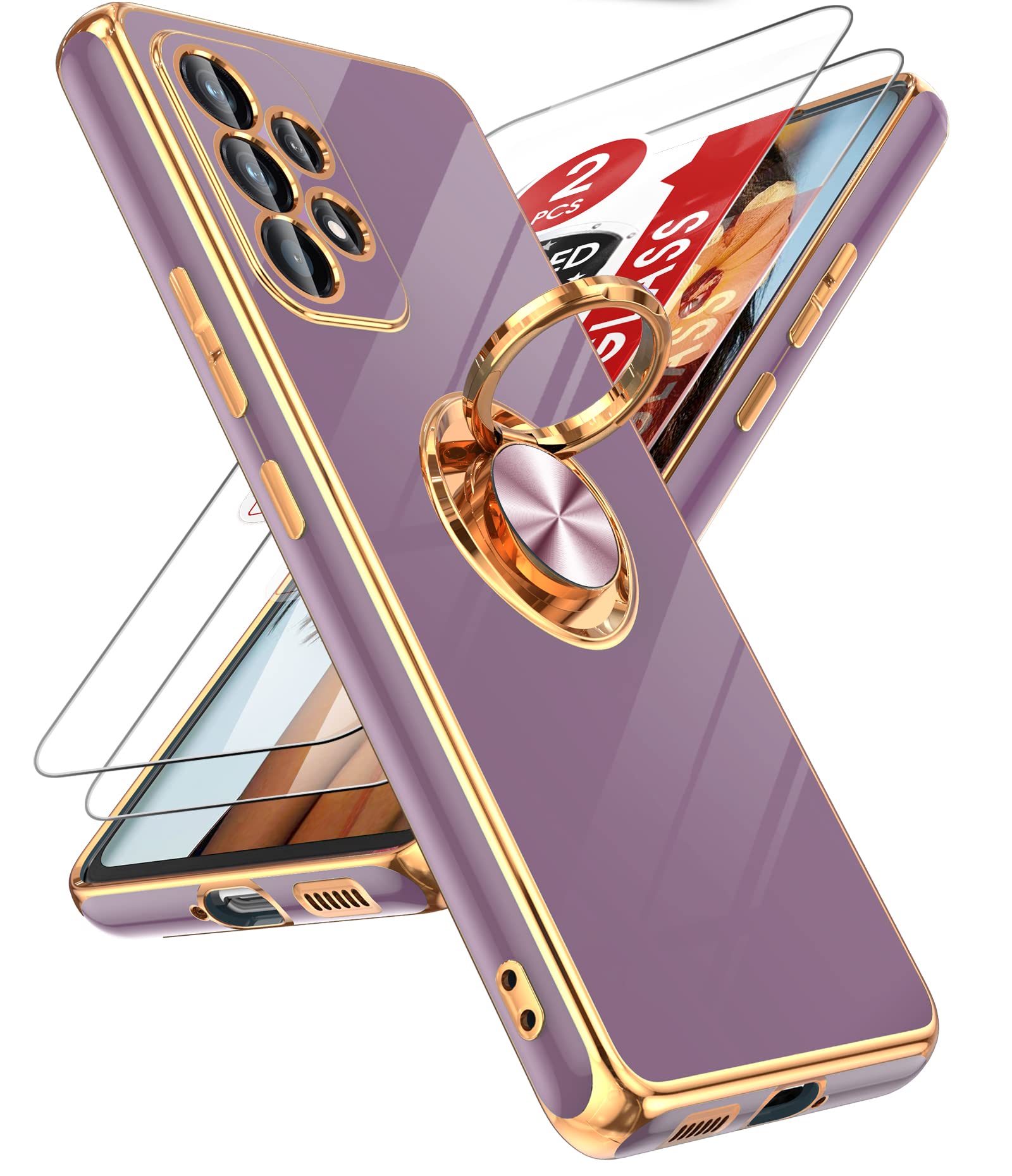 Photo 1 of LeYi for Samsung Galaxy A53 5G Case with Tempered Glass Screen Protector [2 Pack] 360° Rotatable Ring Holder Magnetic Kickstand, Plating Rose Gold Edge Protective Case, Purple