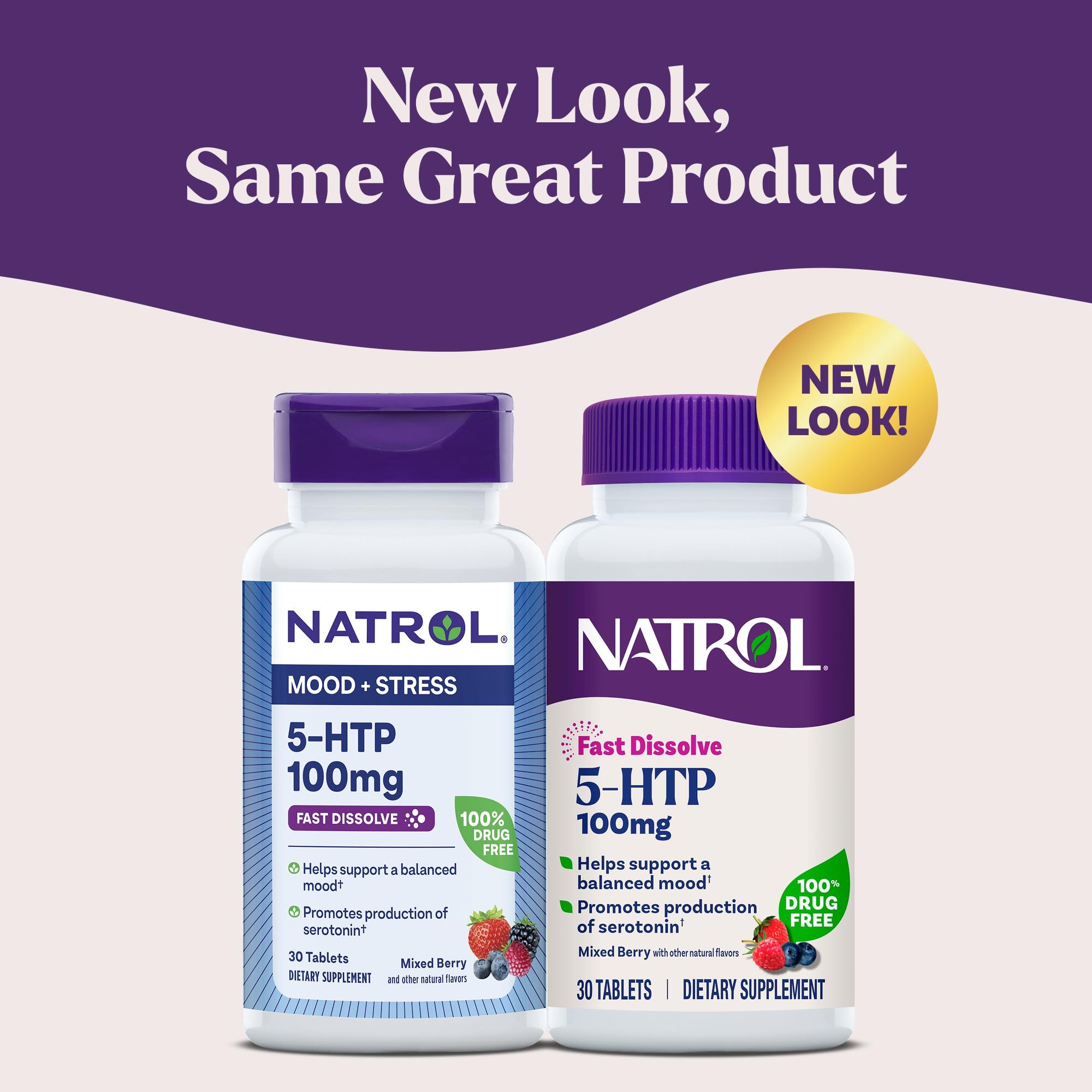 Natrol 5-HTP 100 mg, Fast Dissolve Supplement, Supports a Balanced Mood, Serotonin Production and General Well-Being, 30 Mixed Berry Tablets, Up to a 30 Day Supply