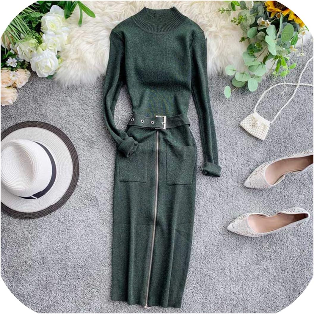 Green Plaid Silk Knitted Long Dress Zipper Slit Collar Long Sleeve Sweater Dress Belt