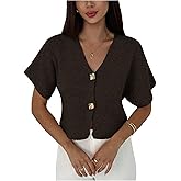 SOLY HUX Women's Short Sleeve Office Spring Winter Cardigan Sweater Button Down V Neck Slim Fit Elegant Knit Tops