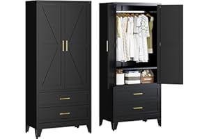 FIRMET Metal Armoire Wardrobe Closet with 2 Drawers, 71" Wardrobe Cabinet with 1 Adjustable Shelf & 1 Hanging Rod for Bedroom, Black Metal Closet Storage Cabinet with 2 Doors & 2 Drawers