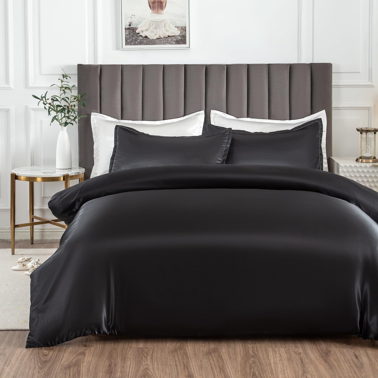Morbuy Satin Duvet Cover Set King - Silky Bedding Set for Hair and Skin Care, Luxury Silk Feel Aesthetic Black Bedding with 2 Pillowcases, Durable 105GSM High-Density Fabric, 220x230cm — image 1