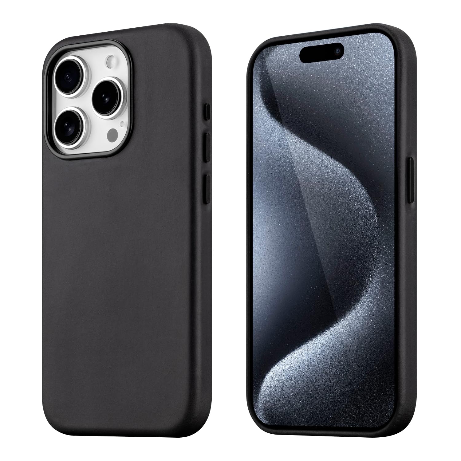 maogoam for iPhone 15 Pro Case Leather, Genuine Crazy Horse Leather Case for iPhone 15 Pro,Compatible with MagSafe, Indiana-Jones Style, Black — image 1