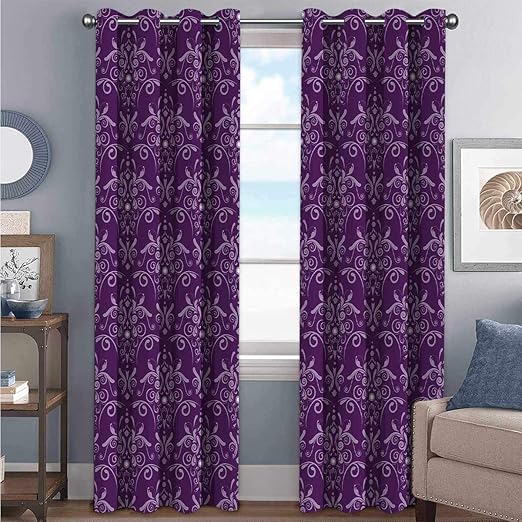 Eggplant Shading Insulated Curtain Damask Pattern with Symmetrical Abstract Leaves