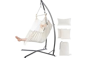 PNAEUT Hammock Chair with Stand Indoor Outdoor, Hanging Chair, Egg Swing Chair with Patented Adjustable Pillow, 2 Cushions, Bag, for Bedroom Balcony Patio, Stand 350lbs / Chair 500lbs Capacity (Beige)