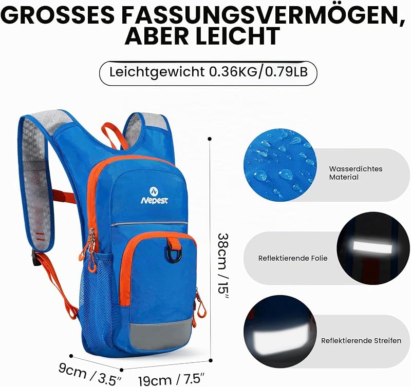 Trinkrucksack Kinder mit 1,5L Wasserblase, Atmungsaktiv, Blau