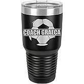 Personalized SOCCER Coaches Tumbler, Soccer Players, Team Appreciation Gift - Laser Engraved 30 oz. Polar Camel Suregrip Stainless Steel Tumbler, Drinkware, 13 Available Colors (Black)