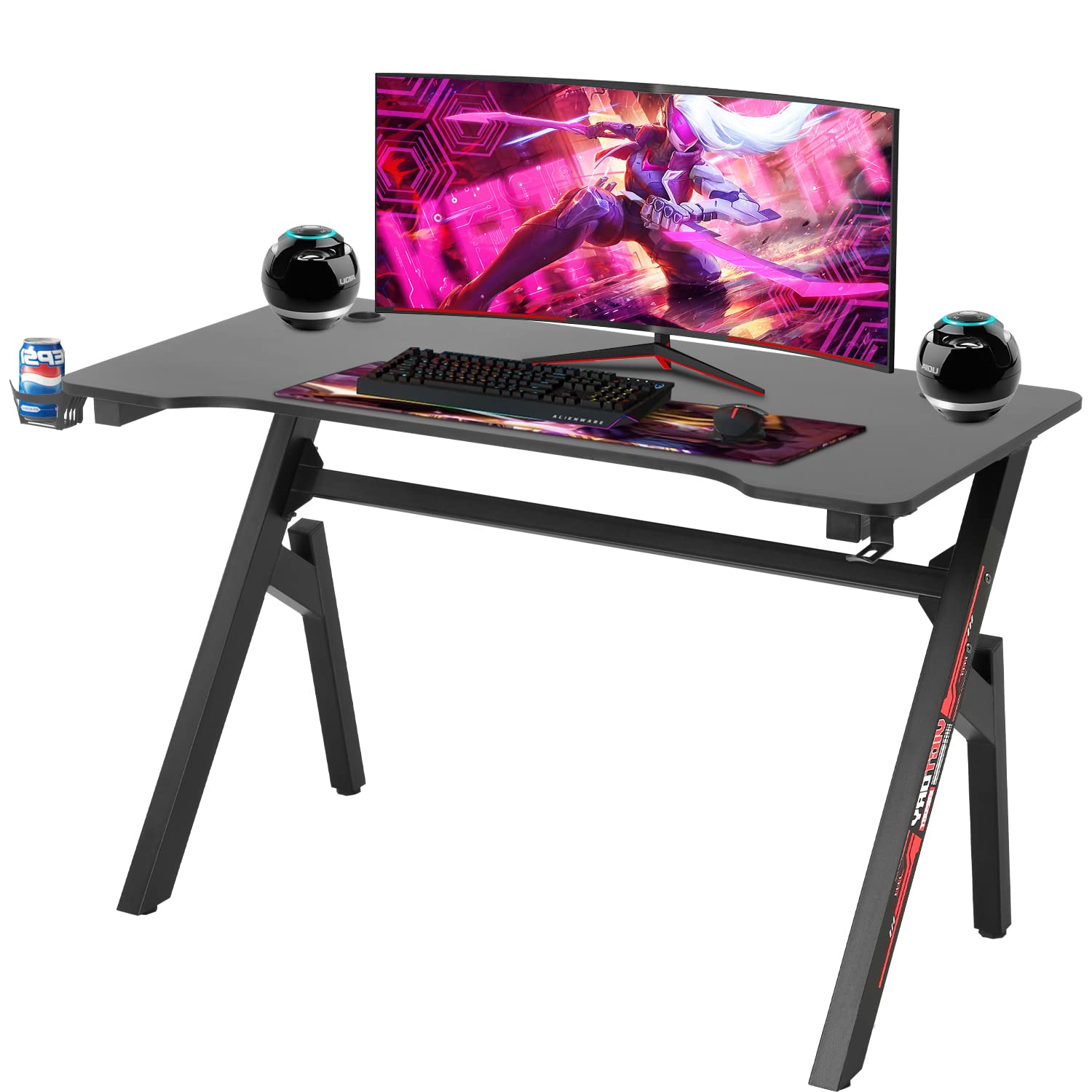 Computer Desk Gaming Desk Student PC Desk Writing Desk Office Desk Modern Ergonomic Racing Style Table Workstation Carbon Fiber Headphone Hook (47in, Red) Image