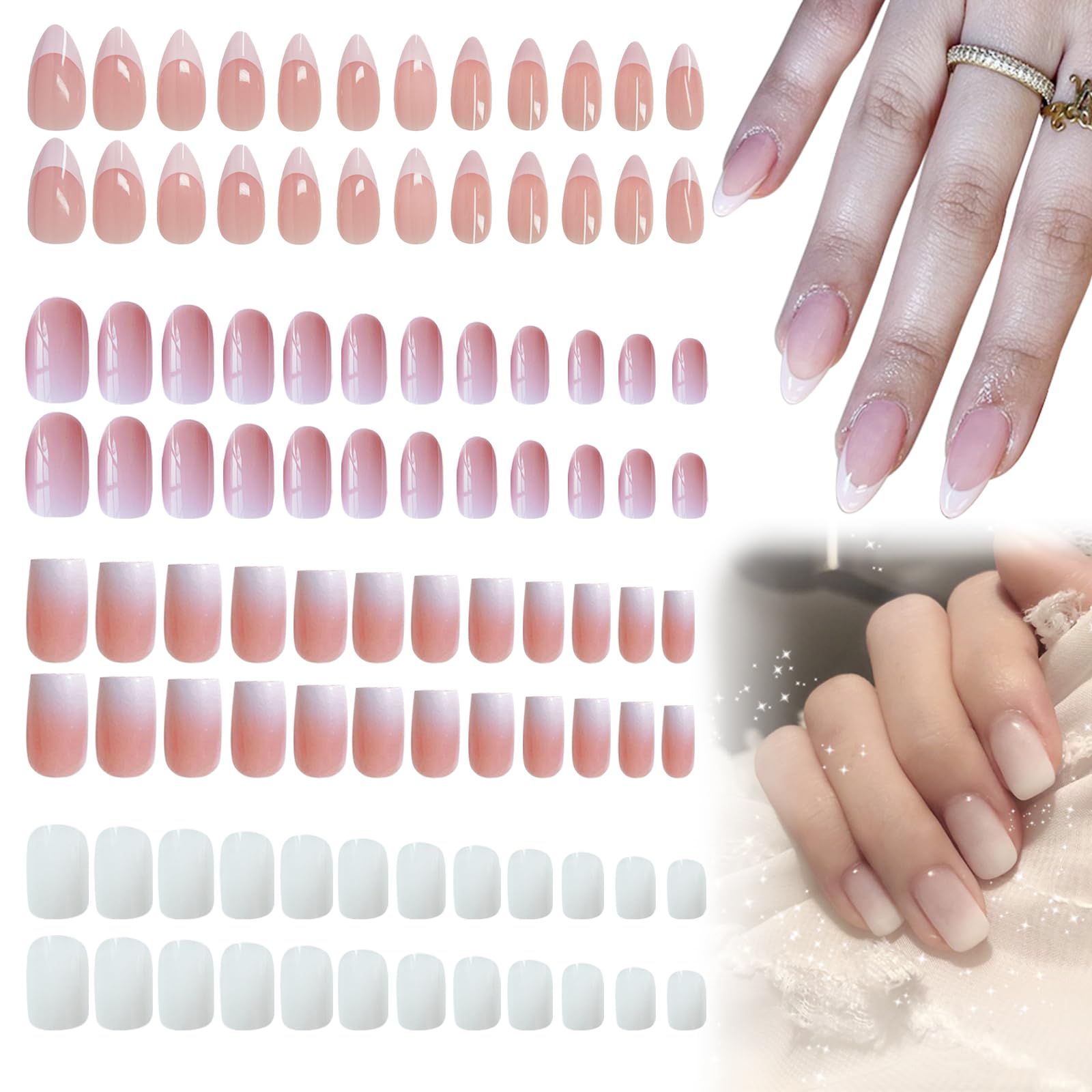 JSTHHTT 96 French False Nails, Press on Square Stick on Pink Gradient French Tip Nude, Full Cover Removable Fake Nails for Women Girls