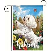 HOMETITUTE Welcome Spring Summer Flowers Maltese Dog Garden Flag Lovely Floral Seasonal Home Decor Banner 12x18 Double Sided Funny Dog Garden Flag Farmhouse Outdoor Yard Decoration Flag