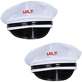 Beistle Milkman Hats – 2-Pack White Costume Caps with Black Visor and Red Embroidered “Milk” for Retro Costumes, Uniform-Themed Parties, Theater, and Dress-Up, Adult One Size- 24” Head Circumference