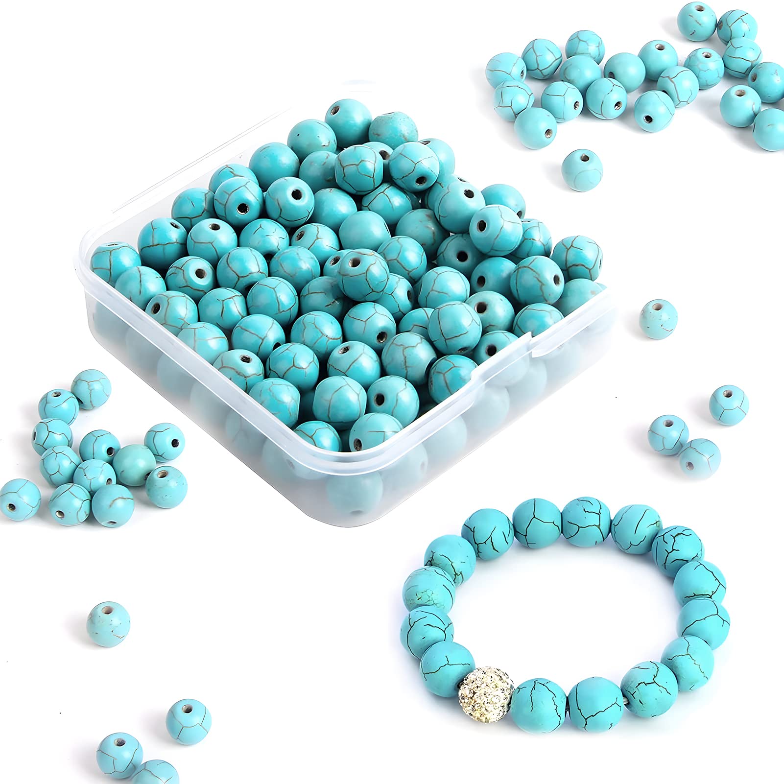 Colle 8mm Natural Stone Beads for Jewelry Making, Green Round Bead for Bracelets Making, Turquoise Bead for Necklace Jewellery Beading, Earrings Making kit (100pcs