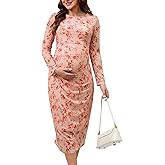 MARI GABRIEL Women Maternity Dress Floral Mesh Ruched Bodycon Wedding Guest Fall Long Sleeve Pregnancy Dresses