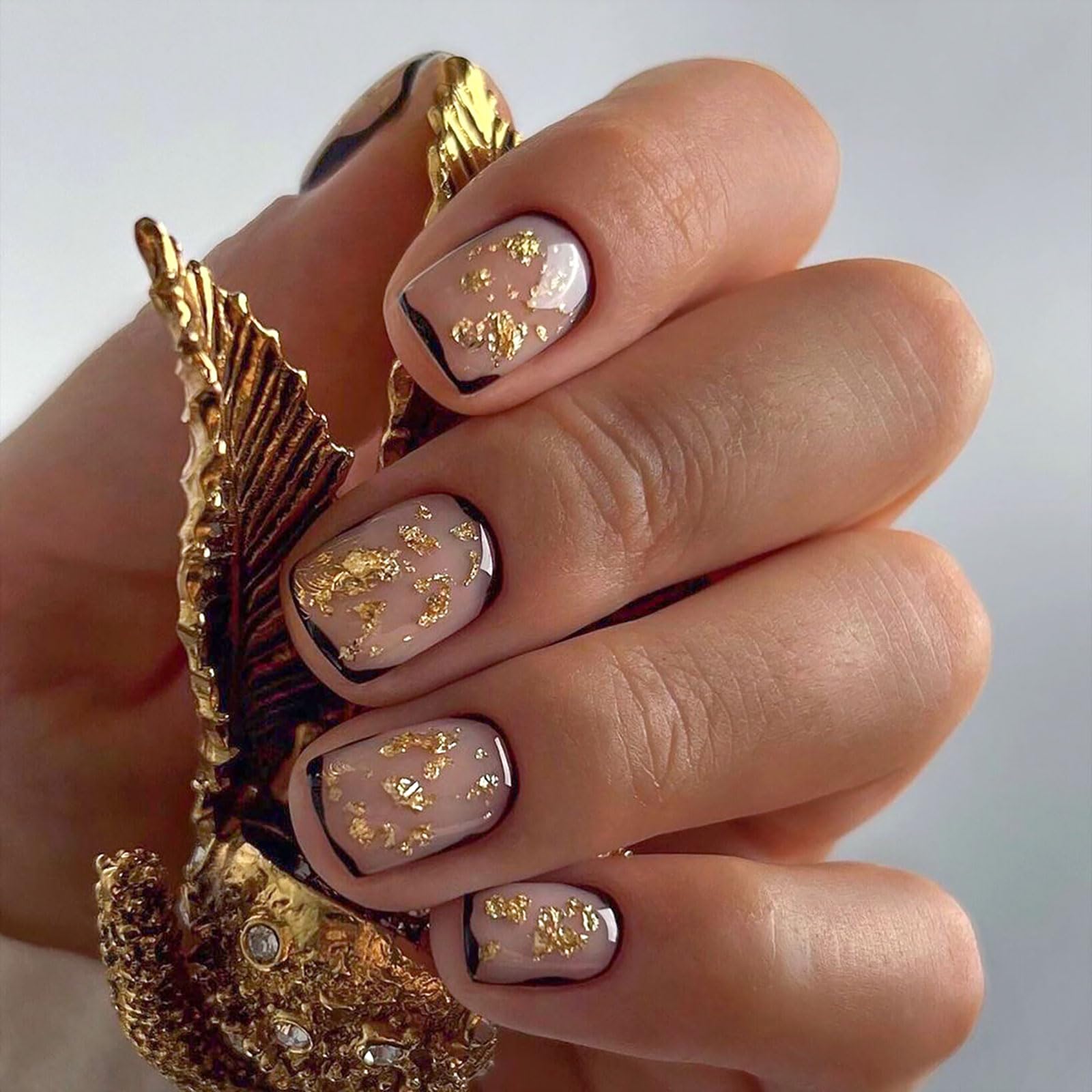 Ceboic 24Pcs Press on Nails Short Square, Glossy Ballerina French Tip False Nails, Full Cover Acrylic Stick on Nails with Gold Glitter Designs for Women and Girls Nail Art - Black Border