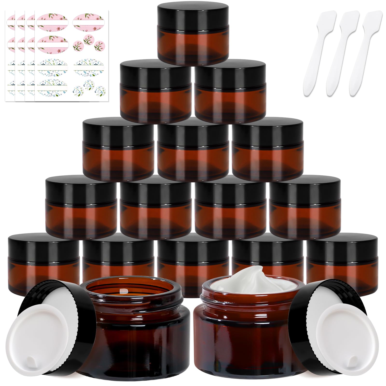Yishik 1 oz Amber Glass Jars with Lids,15 Pack Empty Cosmetic Containers with Inner Liners and Black Lids,30ml Refillable Round Cream Jars for Lotion,Beauty Products