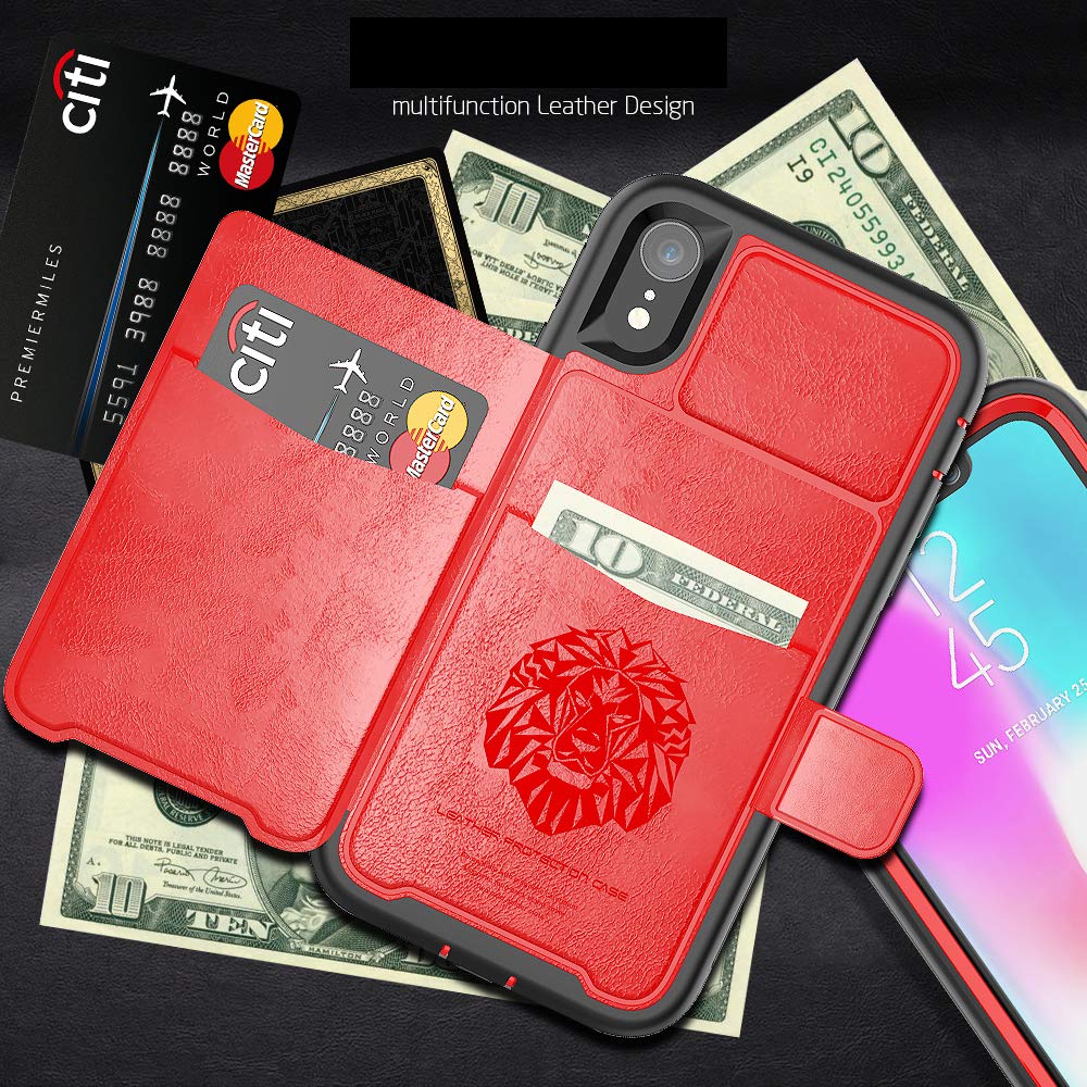 iPhone XR Case, Wallet Card Slots Holders Kickstand Flip Cover Bumper PU Leather TPU Rubber Hard Magnetic Slim Shockproof Durable Shockproof Protective Case Cover Competable with iPhone XR (Red)