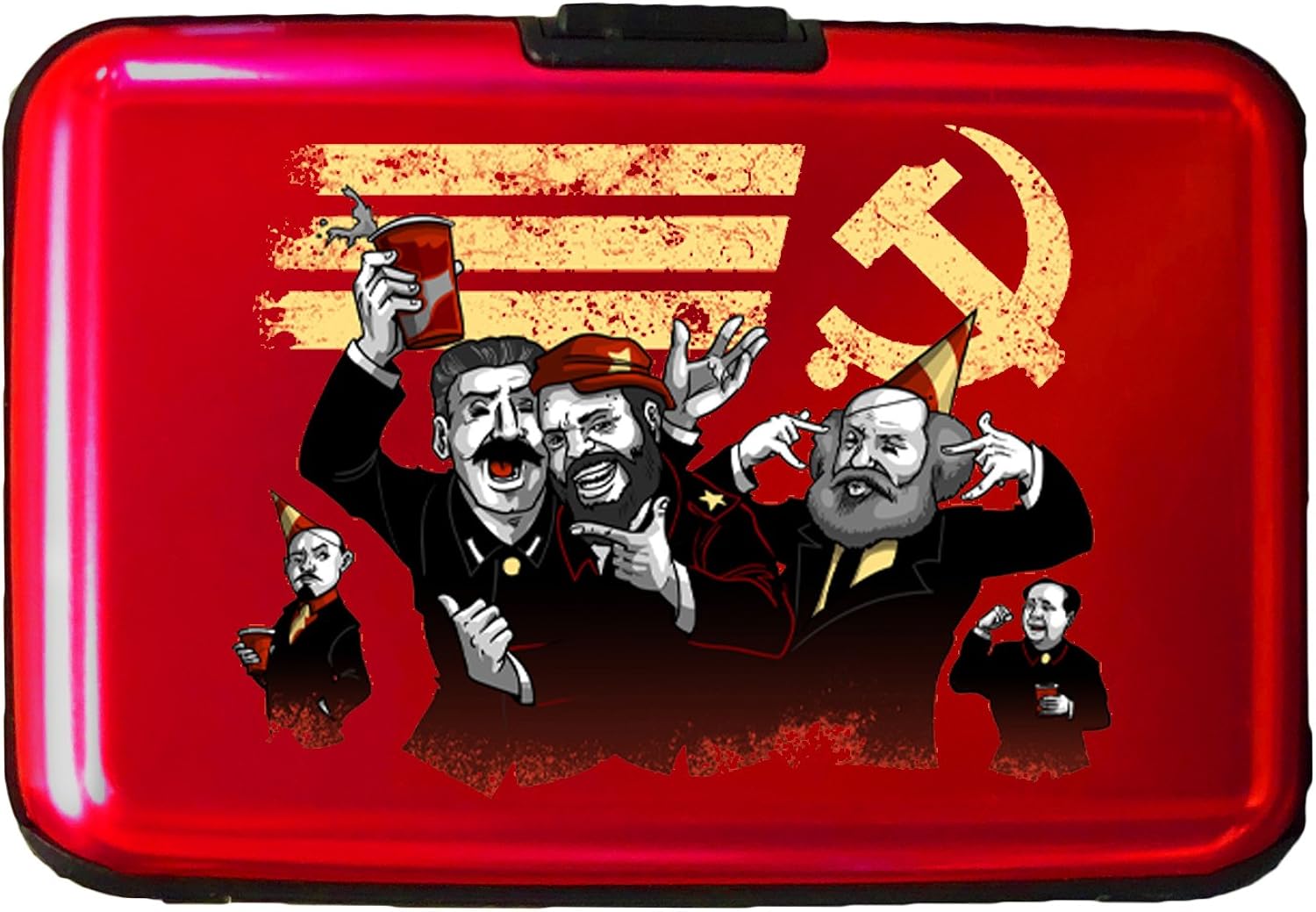 Communist Party Funny Pun Famous Communist Leaders Partying - 3D Color Printed Red Aluminum Hard Credit Card Wallet