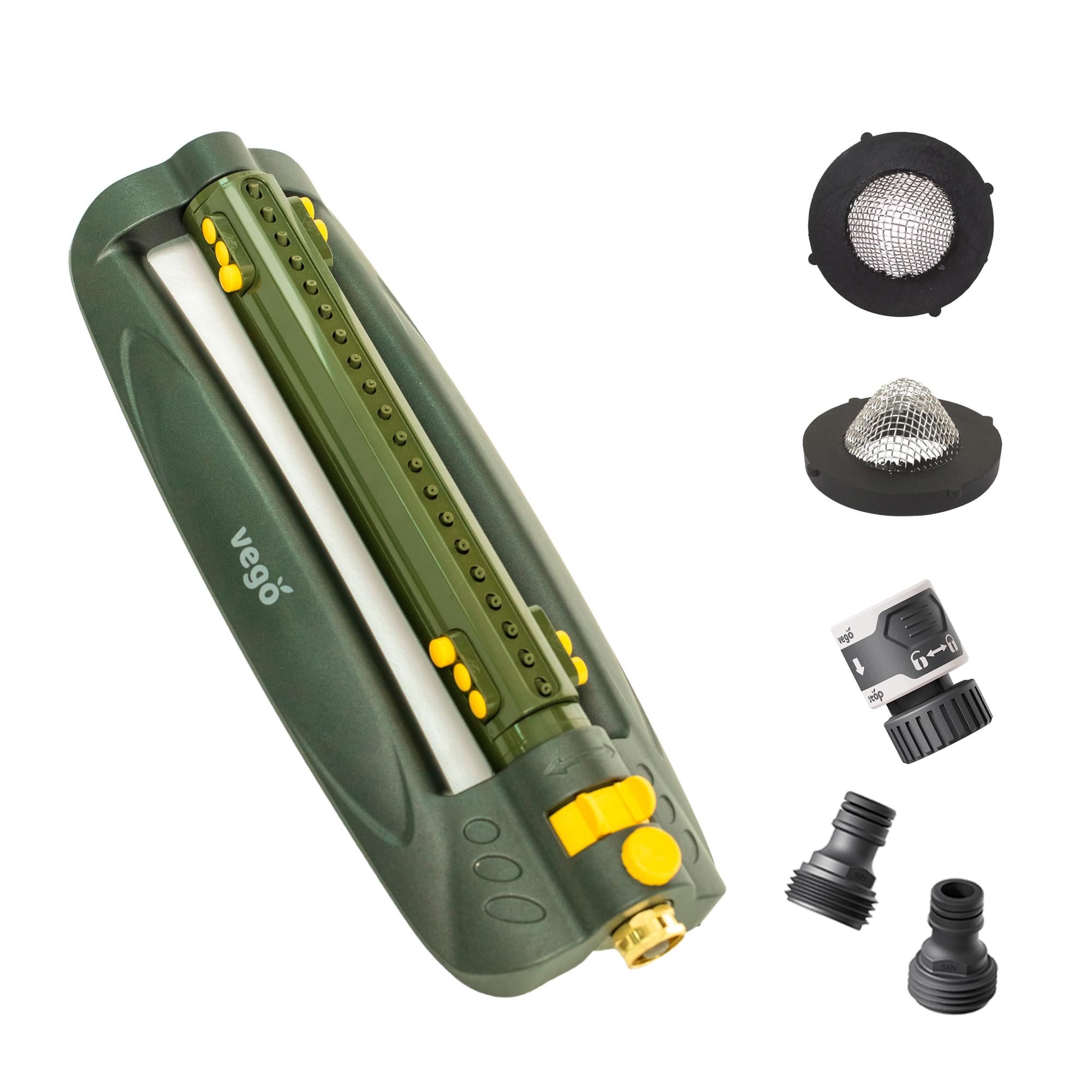 Photo 1 of Vego Turbo Oscillating Sprinkler w/Quick Connector Starter Set Metal Base and 20 Precision Nozzles, 3-Way Adjustable for Large Yard and Lawn Covers up to 4973 sq. ft.-Seaweed Green