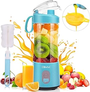 Portable Blender, Olivivi 2020 Multifunctional Personal Blender Mini Smoothie Blender 6 Powerful Blades, 4000mAh Rechargeable USB Juicer Cup Bottle with strainer Cleaning Brush for Travel BPA Free Blue