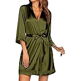 Ekouaer Women's Lace-Trim Silk Robes Bride Bridesmaid Kimono Satin Bathrobe V Neck Sleepwear with 3/4 Sleeve