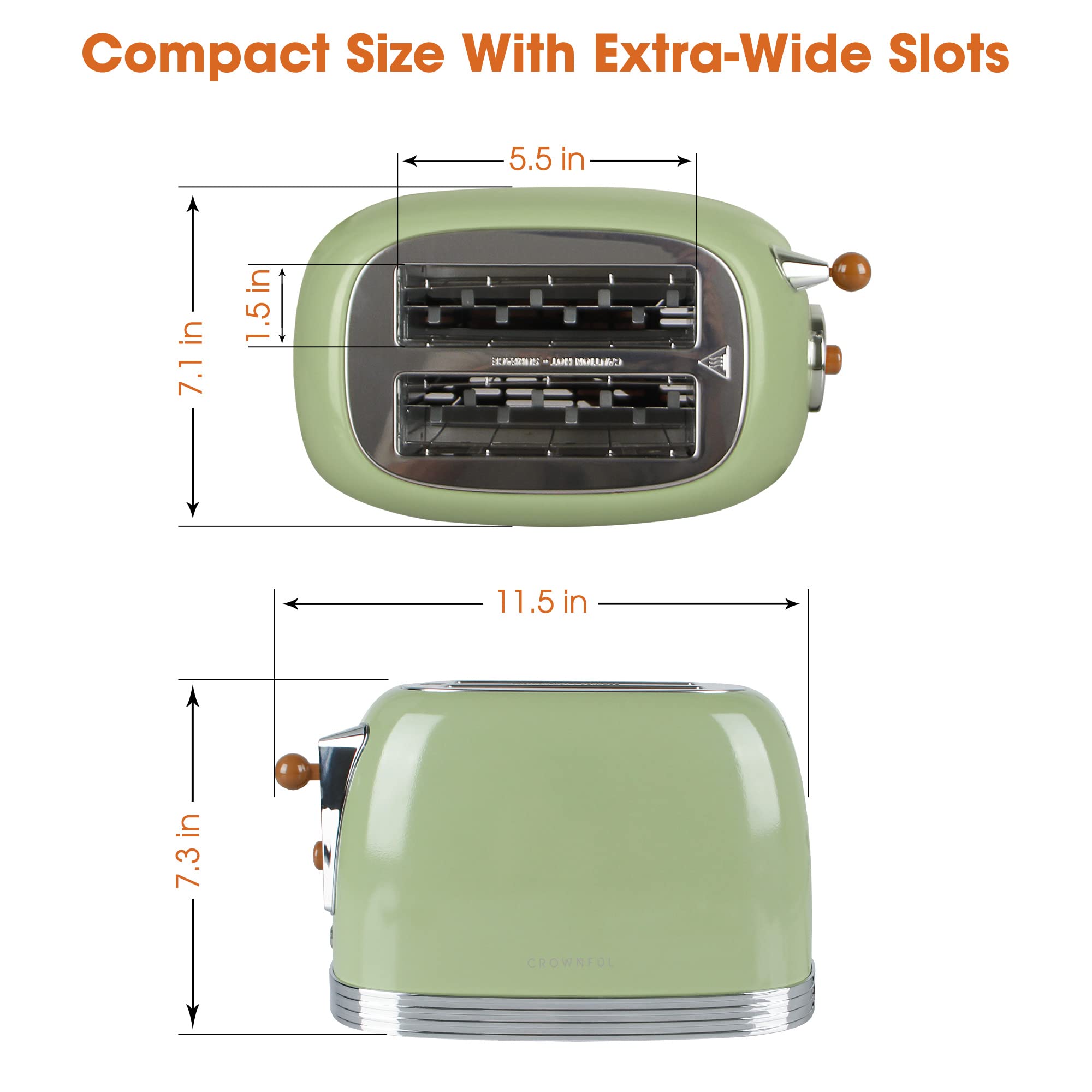 CROWNFUL 2-Slice Toaster, Extra Wide Slots Toaster, Retro Stainless Steel with Bagel, Cancel, Defrost, Reheat Function and 6-Shade Settings, Removal Crumb Tray, Green