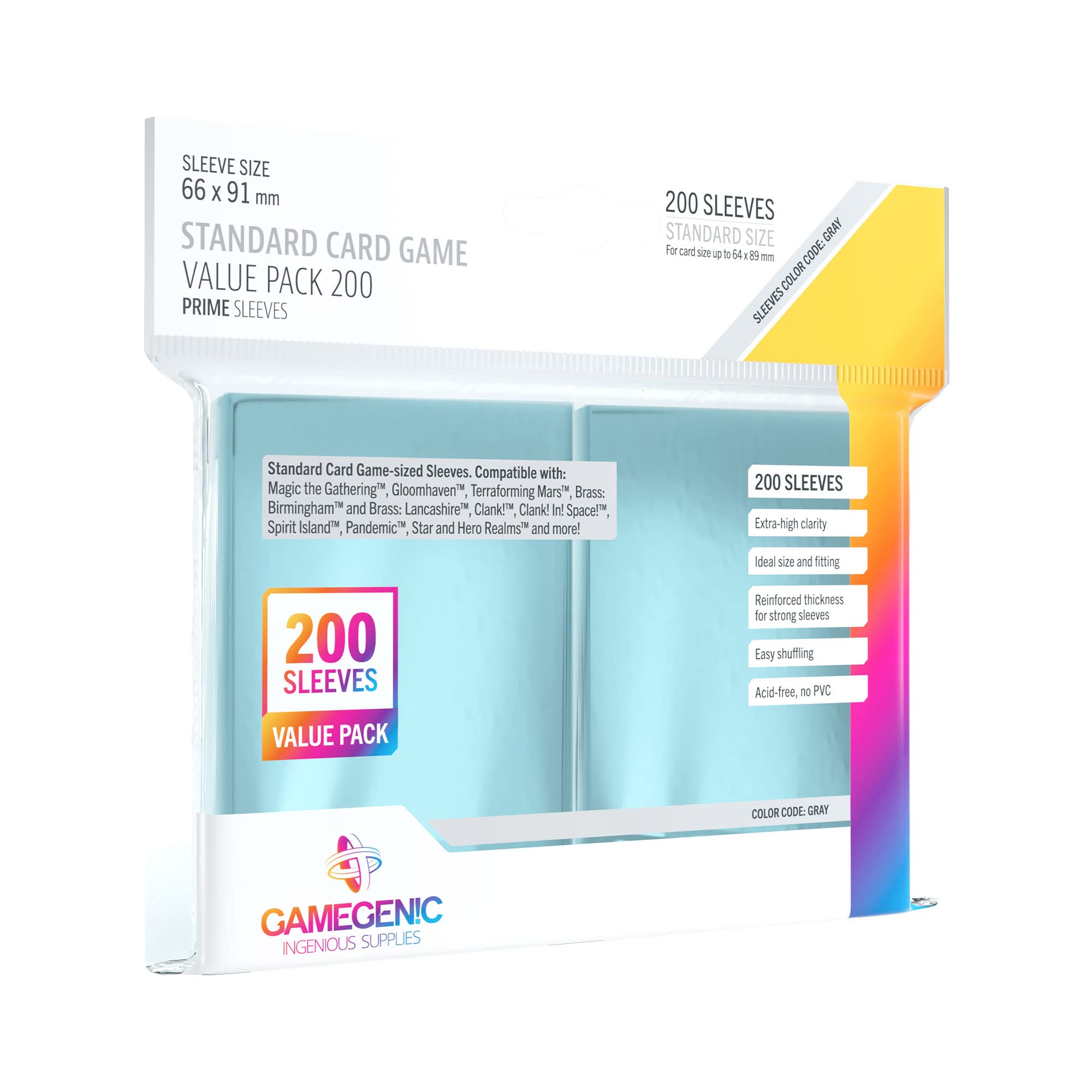 Gamegenic 200 Pack 66 x 91 mm Gray Standard Card Game Prime SleevesValue Pack