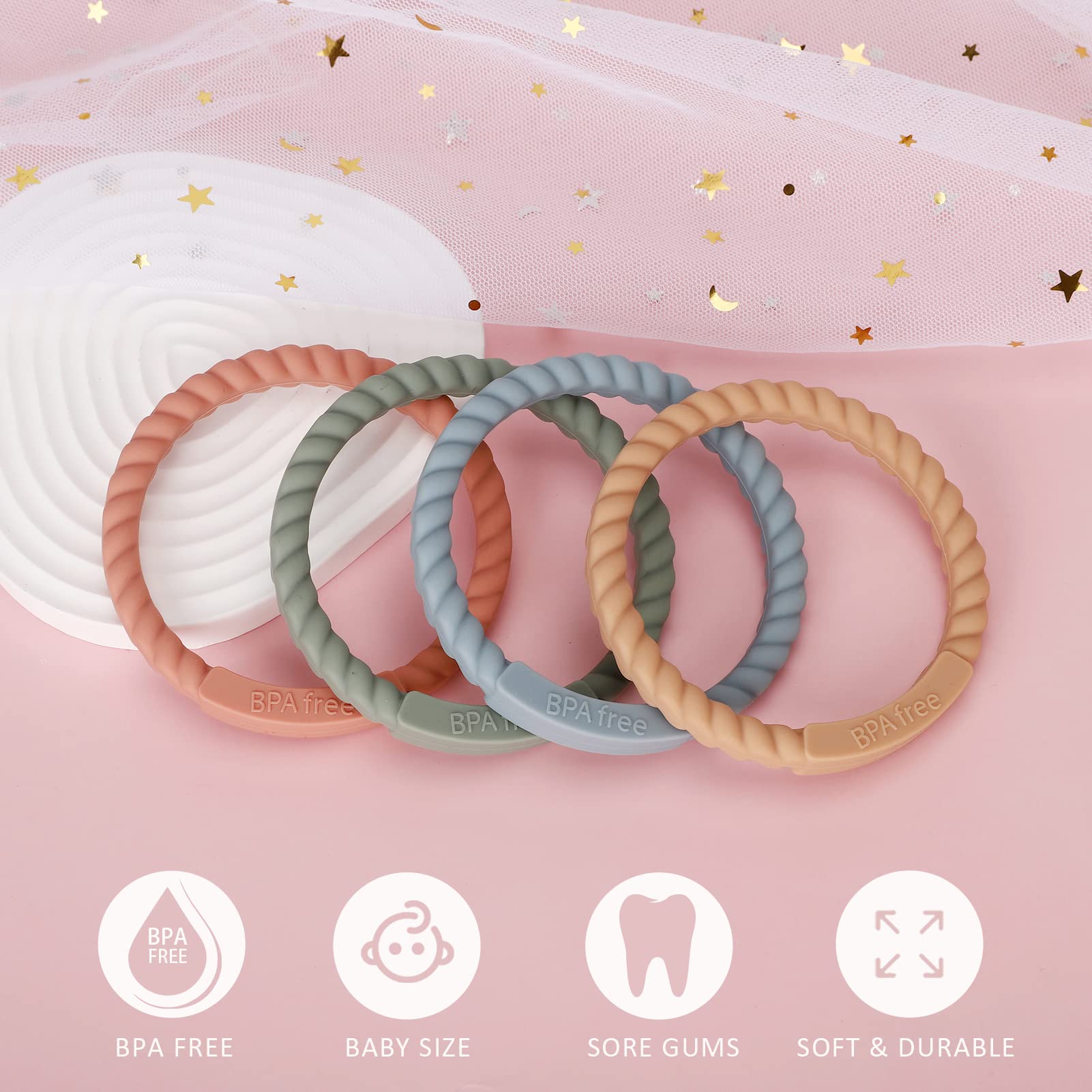 Socub Silicone Baby Teether Toy, 4 Pack BPA Free Soft Silicone Teether Bracelets for 3+Month Babies, Wearable as Bracelets, Baby Chew Toy (Sage/Ether/Muted/Apricot)