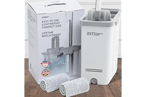 Zetterway Medium White Mop and Bucket Set, Flat Squeeze Mop and Bucket with Wringer Set for Home, Mops for Floor and Wall Cleaning, Wet Dry Mop Bucket, with 2 Microfiber Mop Pads