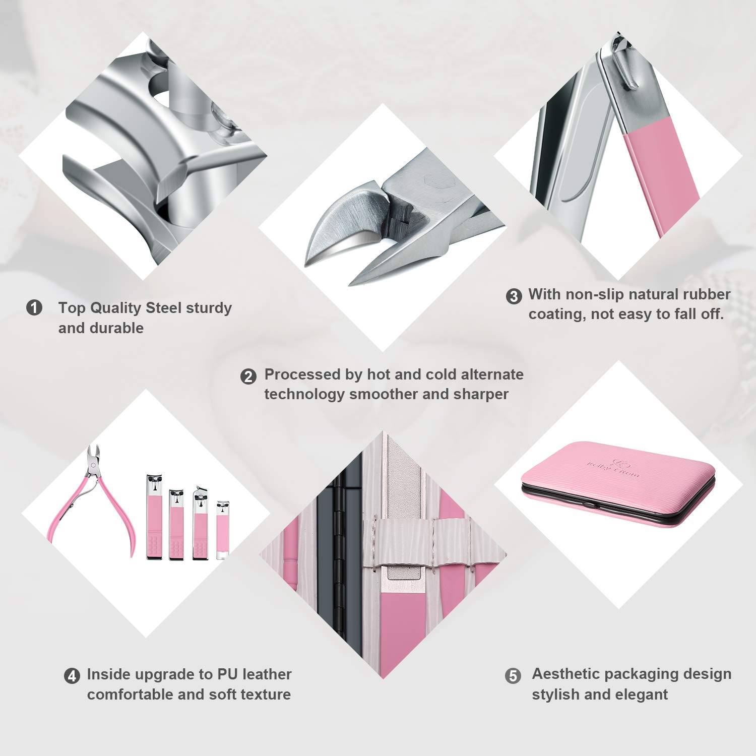Manicure Set Professional Nail Clippers Kit Pedicure Care Tools- Stainless Steel Men and Women Grooming Kit 18Pcs for Travel or Home (Pink) : Beauty