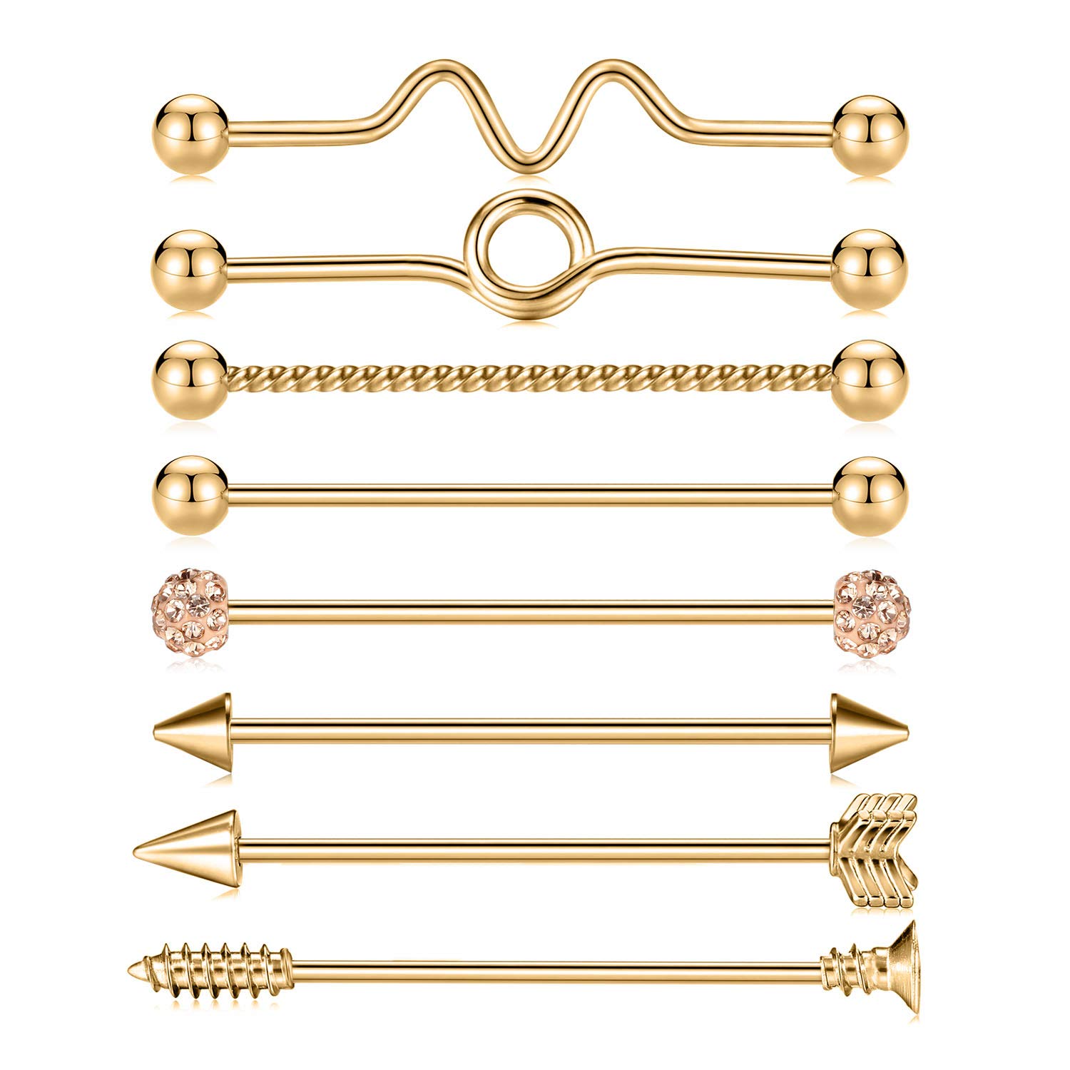 Kzslive 14G 8 PCS Industrial Barbell Jewellery Surgical Steel for Women Men Cartilage Earring Body Piercing 1 1/2 Inch 38mm Silver