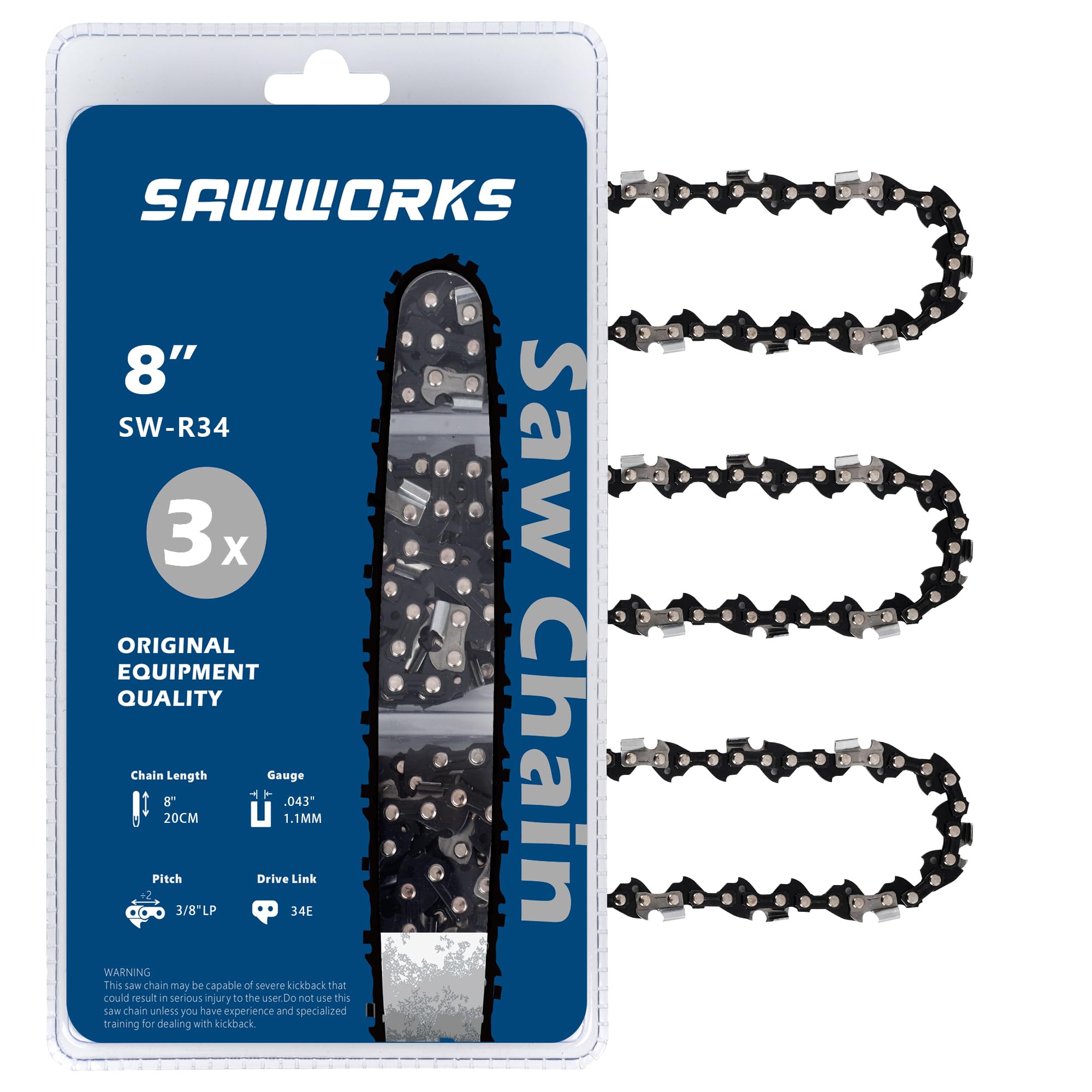 Photo 1 of SawWorks 3-Pack 8 Inch Pole Saw Chain SW-R34, 3/8" LP Pitch - .043" Gauge - 34 Drive Links, Compatible with DeWalt 20V DWO1DT608, DCPS620, DCCS623B, DCCS623L1, Craftsman CMZCSC8, CMCCSP20 and More