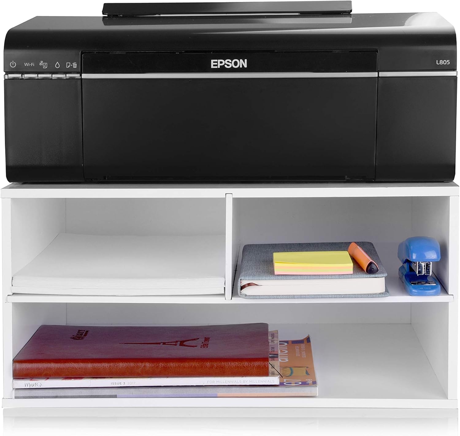 eMerit Printer Stand Shelf with Storage Wood Desk Paper Organzier for Home/Office,Printer Riser, 2 Tire (Black): Home Audio & Theater