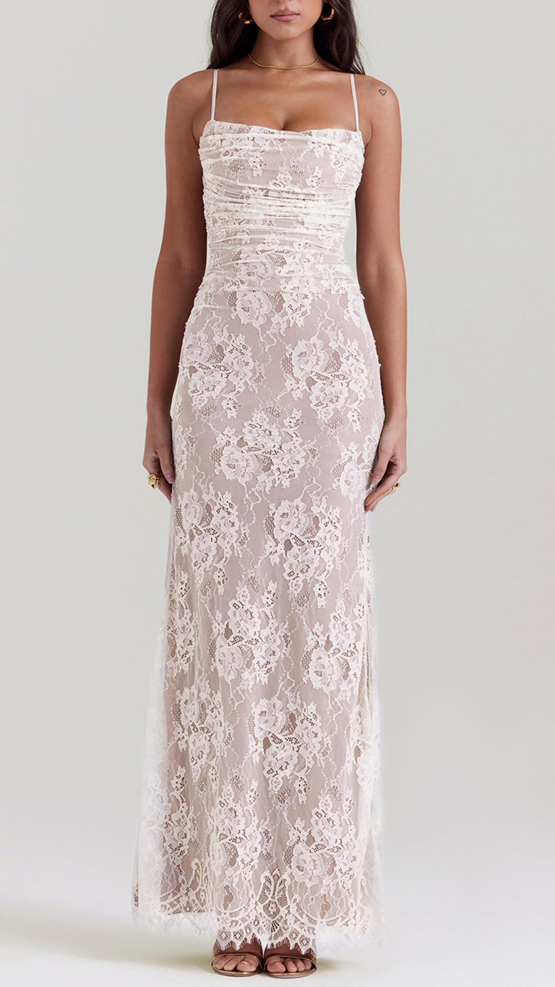 Women Vintage Cream Lace Maxi Dress Romantic Long Sleevees Lace Bodycon Dress