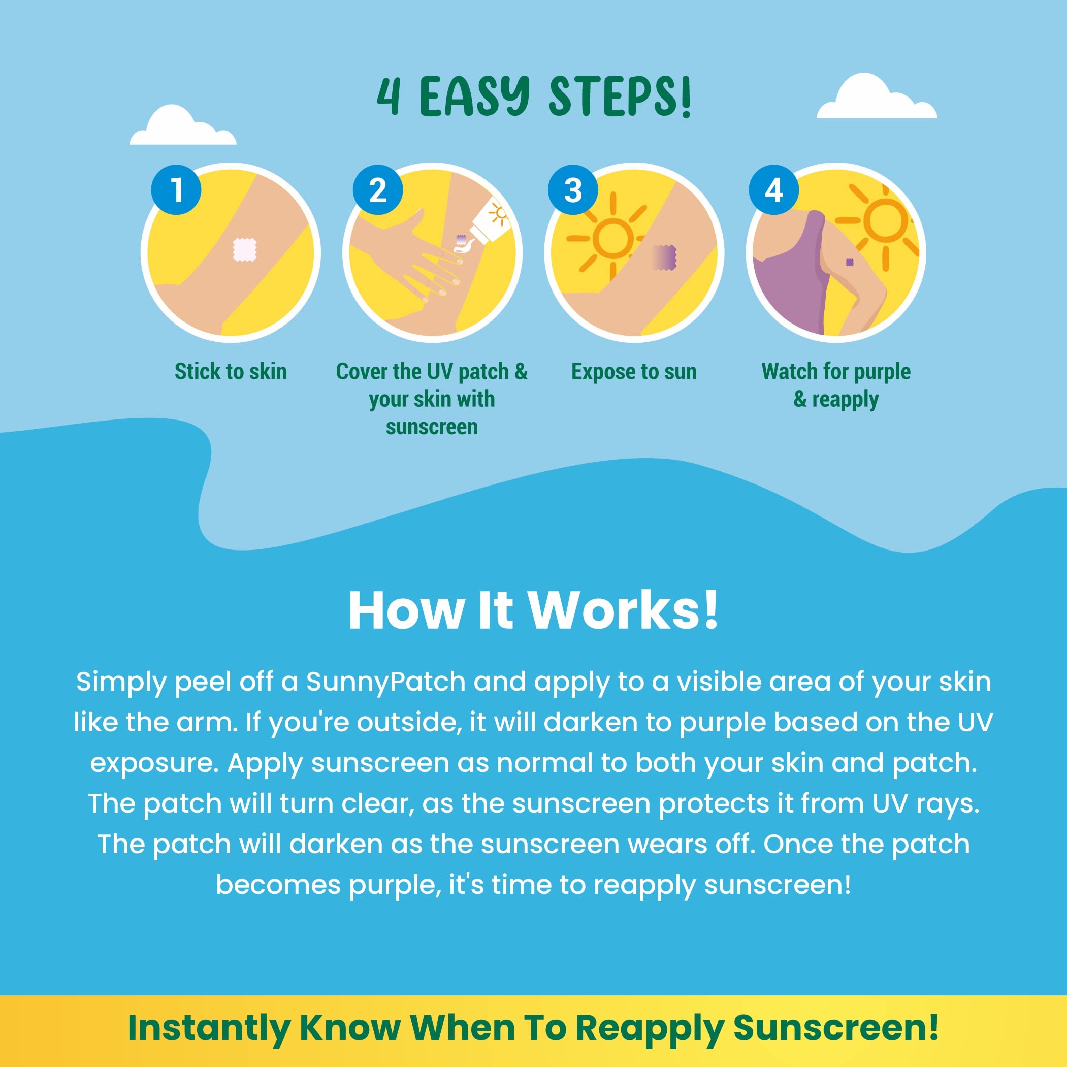 NATPAT Sunny Patch UV Detection Stickers Sunburn Prevention for Kids and Adults - Natural Waterproof Patches, Changes Color When Time To Reapply Your SunScreen - Buzz Patch Natural Patch (24 Pack)