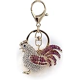 surell - Genuine Mink Fur Rooster Shaped Keychain - Cute Pompom Fashion Accessory with Sparkle- Fluffy Fur Ball Sparkly Animal Key Chain - Stylish Round Furry Bedazzled Charm - Stylish Gift - (White)