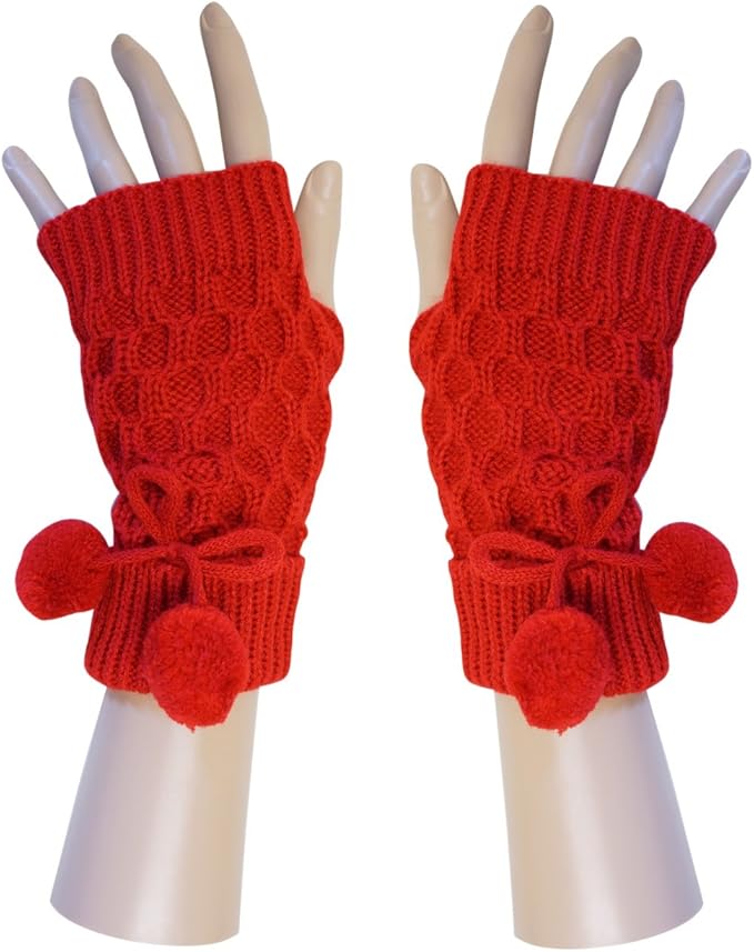 Amazon Com Cable Knit Fingerless Gloves W Pom Poms Cute