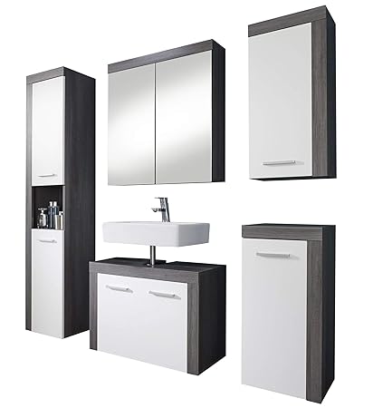 trendteam Badezimmer 5-teilige Set Kombination Miami, 175 x 184 x 34 cm in Korpus Rauchsilber Dekor, Front Weiß mit viel Stau