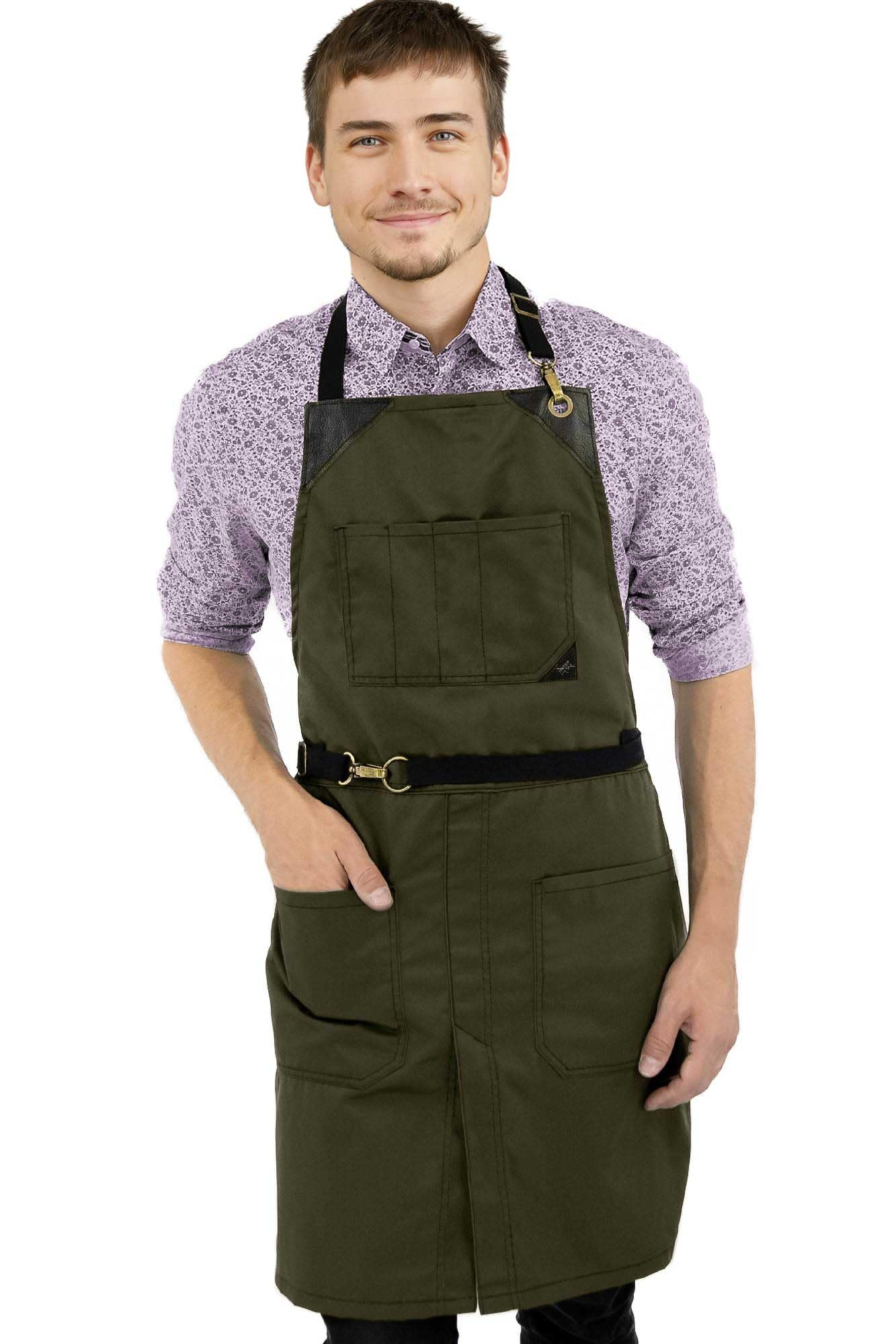 Under NY Sky No-Tie Moss Green Apron - Durable Twill with Leather Reinforcement and Split-Leg - Adjustable for Men, Women - Pro Barber, Tattoo, Barista, Bartender, Baker, Hair Stylist, Server Apron